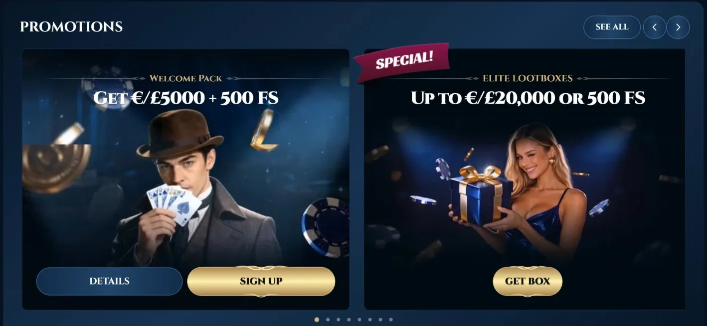 EliteSpin promotions lobby with Welcome Pack and Elite Lootboxes