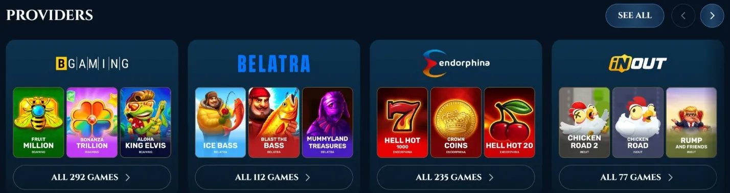 Elite Spin Casino providers shelf with BGaming and Belatra
